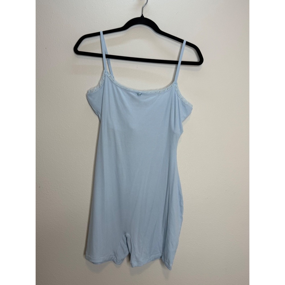 Skims Soft Lounge Ribbed Lace Romper Light Blue Sleeveless Bodysuit Large